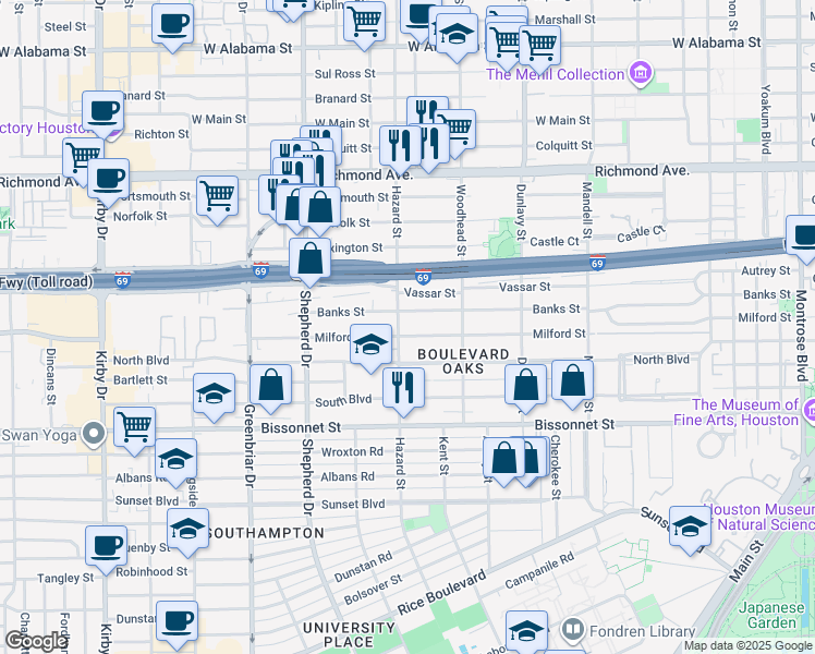 map of restaurants, bars, coffee shops, grocery stores, and more near 1917 Milford Street in Houston
