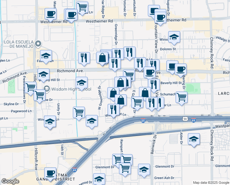 map of restaurants, bars, coffee shops, grocery stores, and more near 6202 Skyline Drive in Houston