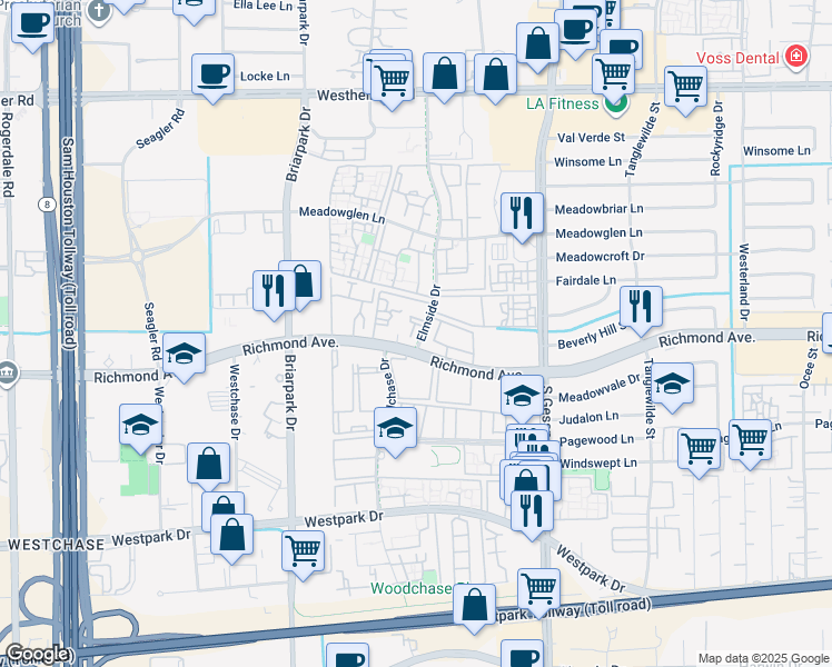 map of restaurants, bars, coffee shops, grocery stores, and more near 9900 Elmside Drive in Houston