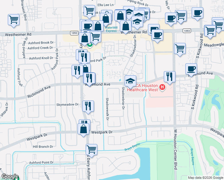 map of restaurants, bars, coffee shops, grocery stores, and more near 3207 Shadywind Drive in Houston