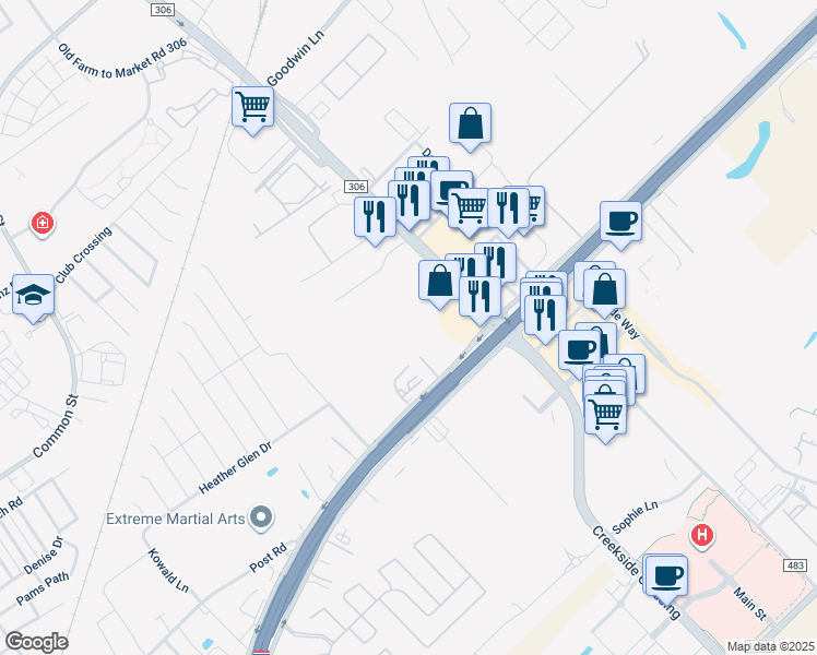 map of restaurants, bars, coffee shops, grocery stores, and more near 2157 Interstate 35 in New Braunfels