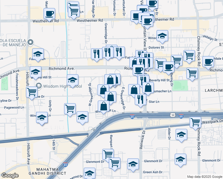 map of restaurants, bars, coffee shops, grocery stores, and more near 6111 Skyline Drive in Houston