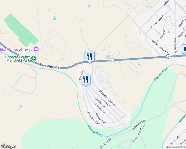 map of restaurants, bars, coffee shops, grocery stores, and more near 267 River Bend Drive in Bandera