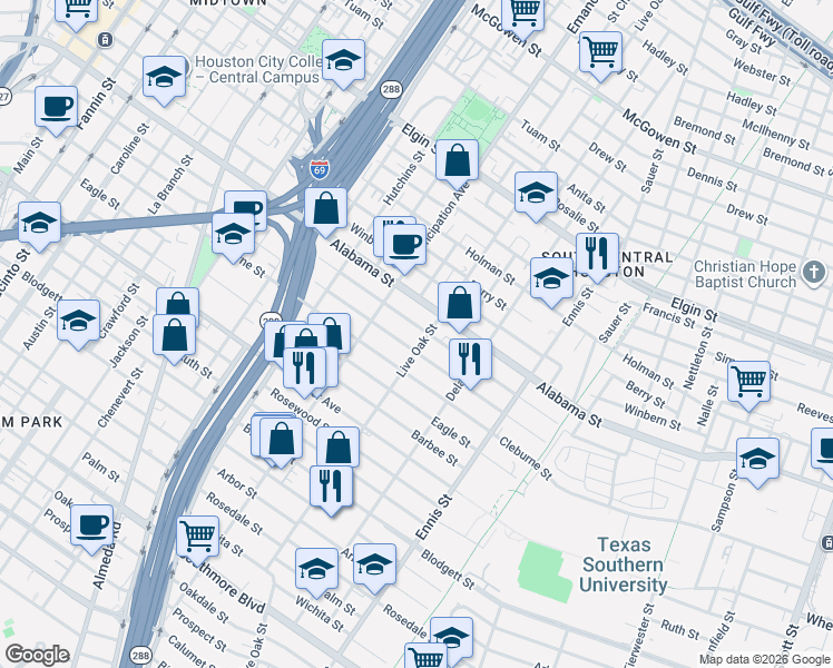 map of restaurants, bars, coffee shops, grocery stores, and more near 2601 Isabella Street in Houston