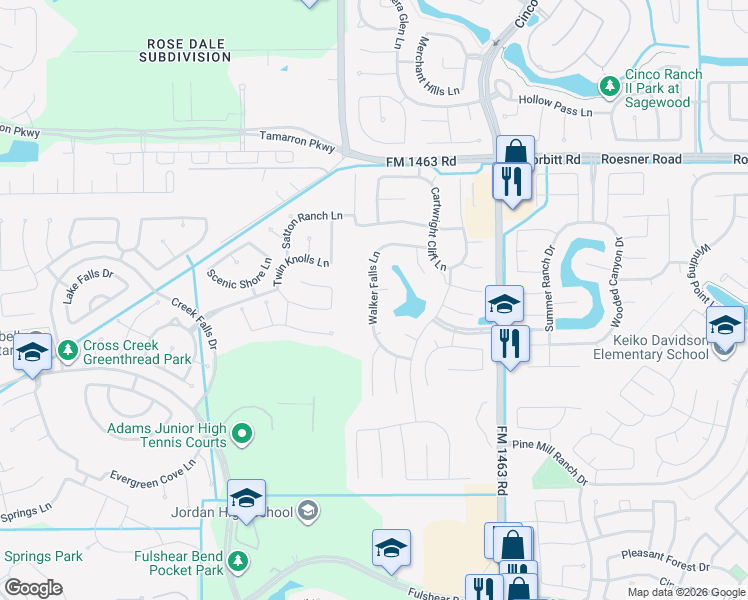 map of restaurants, bars, coffee shops, grocery stores, and more near Walker Falls Lane in Fulshear