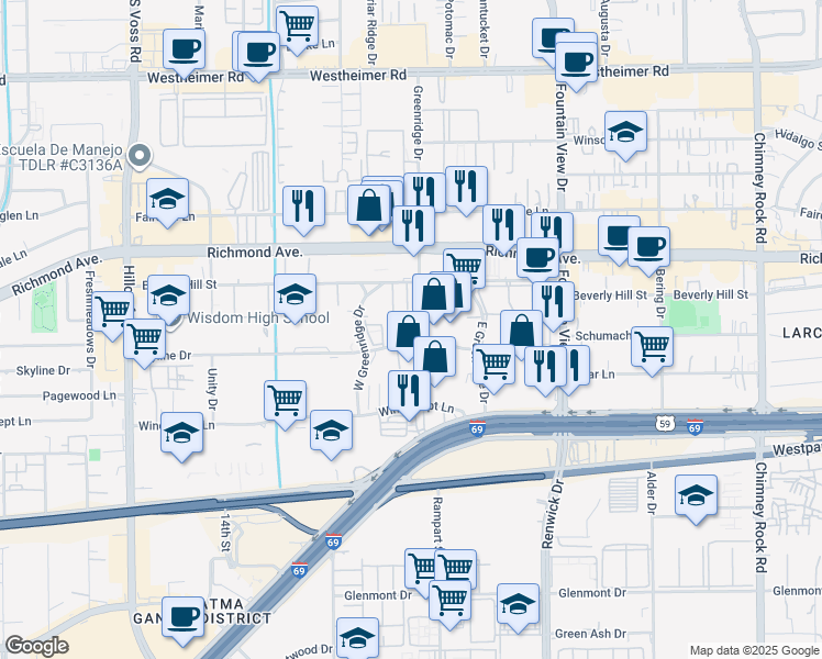 map of restaurants, bars, coffee shops, grocery stores, and more near 6202 Skyline Drive in Houston