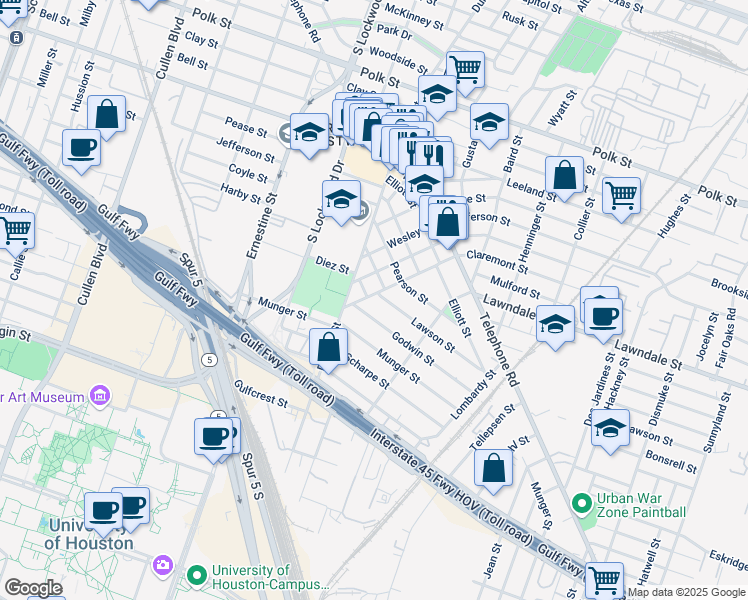 map of restaurants, bars, coffee shops, grocery stores, and more near 1420 Godwin Street in Houston