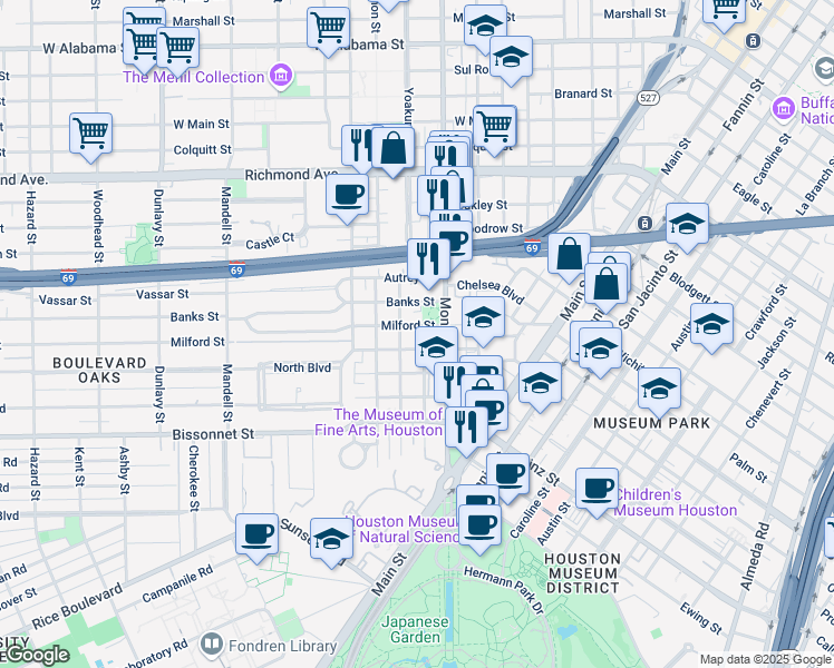 map of restaurants, bars, coffee shops, grocery stores, and more near 1101 Milford Street in Houston