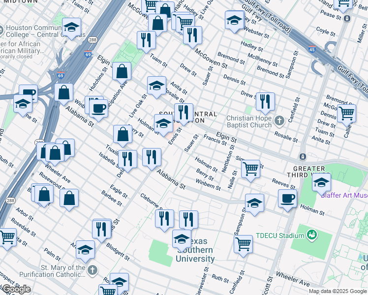 map of restaurants, bars, coffee shops, grocery stores, and more near 3519 Palmer Street in Houston