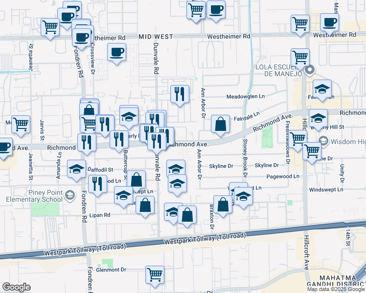 map of restaurants, bars, coffee shops, grocery stores, and more near 8155 Richmond Avenue in Houston