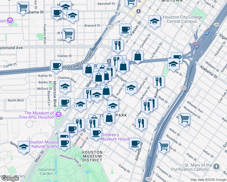 map of restaurants, bars, coffee shops, grocery stores, and more near 4819 Caroline Street in Houston