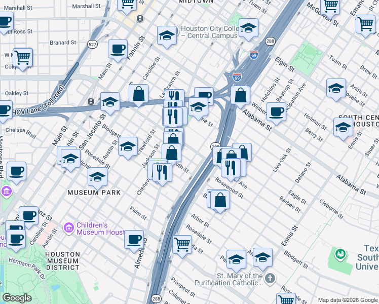 map of restaurants, bars, coffee shops, grocery stores, and more near 4401 Chartres Street in Houston