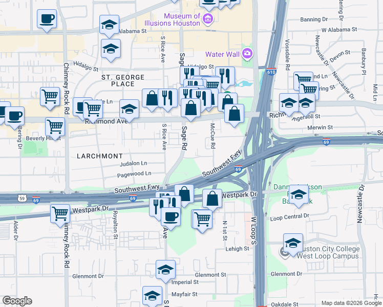 map of restaurants, bars, coffee shops, grocery stores, and more near 3525 Sage Road in Houston