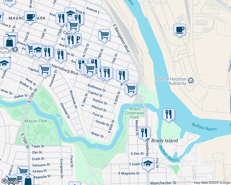 map of restaurants, bars, coffee shops, grocery stores, and more near 7943 Capitol Street in Houston