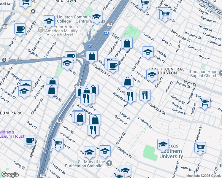 map of restaurants, bars, coffee shops, grocery stores, and more near 2421 Cleburne Street in Houston