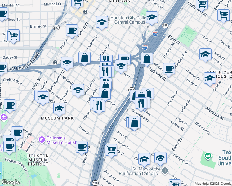 map of restaurants, bars, coffee shops, grocery stores, and more near 4401 Chartres Street in Houston