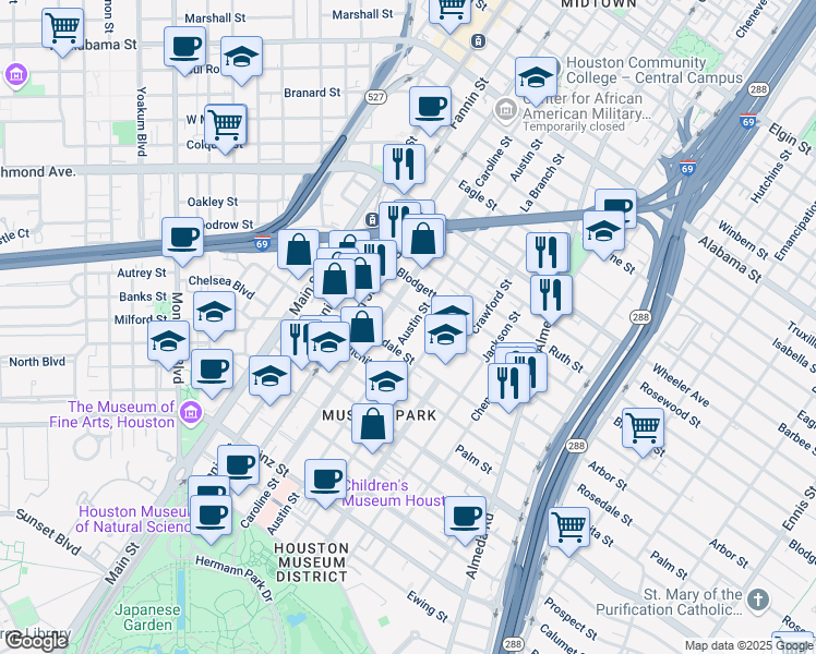map of restaurants, bars, coffee shops, grocery stores, and more near 4825 Austin Street in Houston