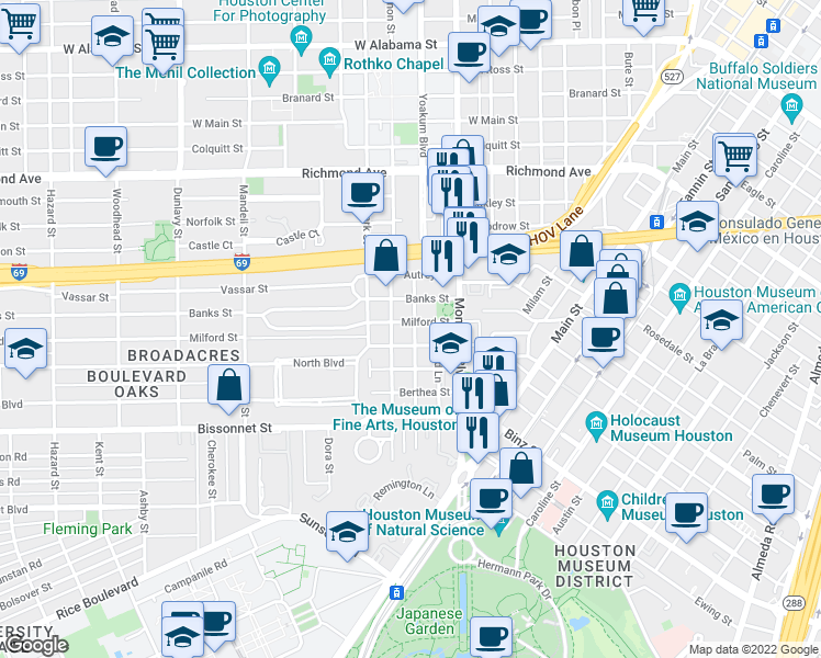map of restaurants, bars, coffee shops, grocery stores, and more near 1013 Barkdull Street in Houston
