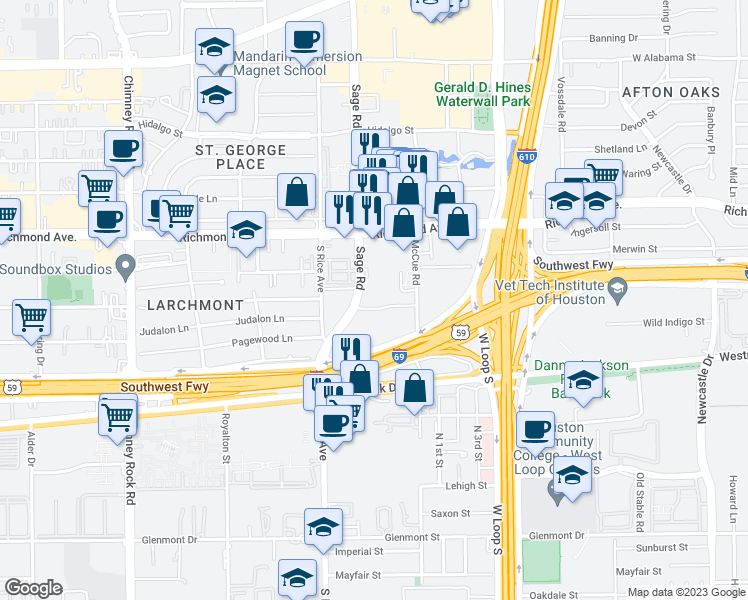 map of restaurants, bars, coffee shops, grocery stores, and more near 3525 Sage Road in Houston