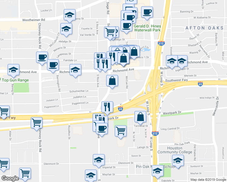 map of restaurants, bars, coffee shops, grocery stores, and more near 3525 Sage Road in Houston