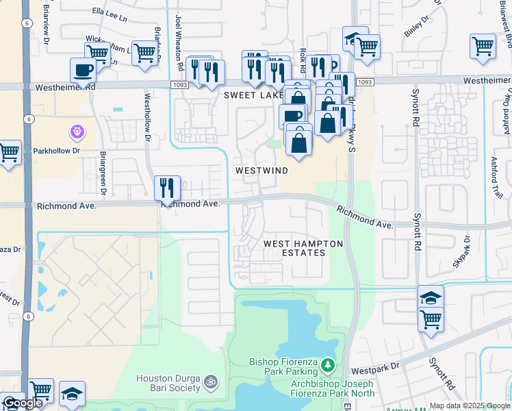 map of restaurants, bars, coffee shops, grocery stores, and more near 3046 Windchase Boulevard in Houston