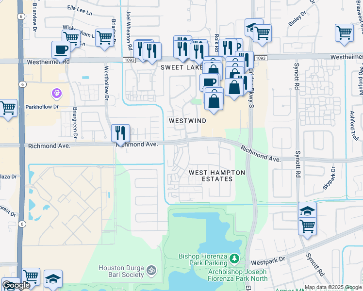 map of restaurants, bars, coffee shops, grocery stores, and more near 3046 Windchase Boulevard in Houston