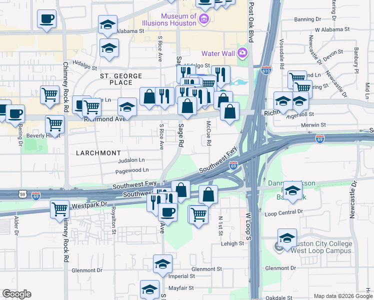 map of restaurants, bars, coffee shops, grocery stores, and more near 3525 Sage Road in Houston