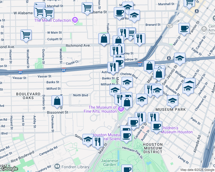 map of restaurants, bars, coffee shops, grocery stores, and more near 1013 Barkdull Street in Houston