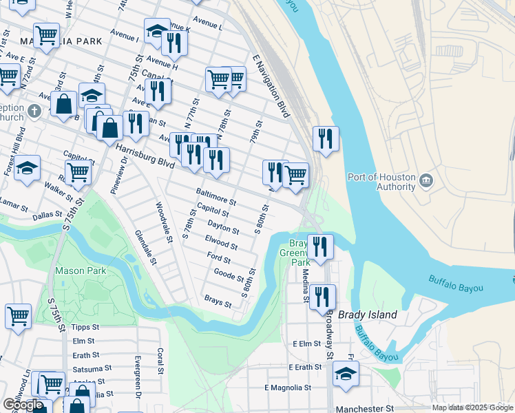 map of restaurants, bars, coffee shops, grocery stores, and more near 7943 Capitol Street in Houston