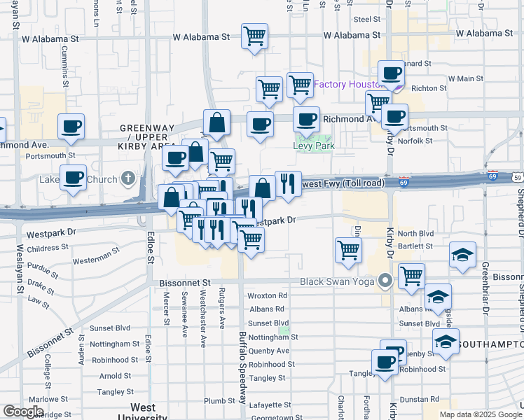 map of restaurants, bars, coffee shops, grocery stores, and more near 3123-3143 Westpark Drive in Houston