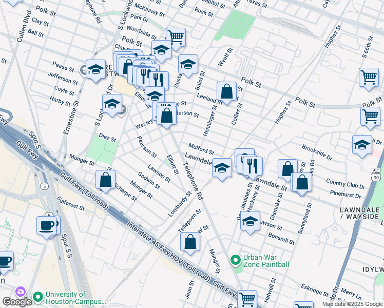 map of restaurants, bars, coffee shops, grocery stores, and more near 5201 Hillman Street in Houston
