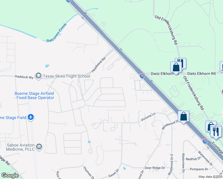 map of restaurants, bars, coffee shops, grocery stores, and more near 9844 Jon Boat Way in Boerne