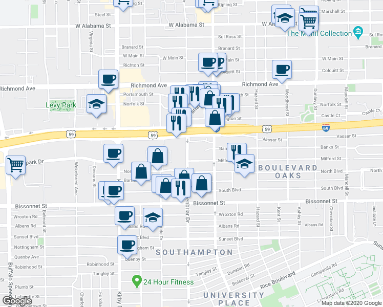 map of restaurants, bars, coffee shops, grocery stores, and more near 4107 Greenbriar Drive in Houston