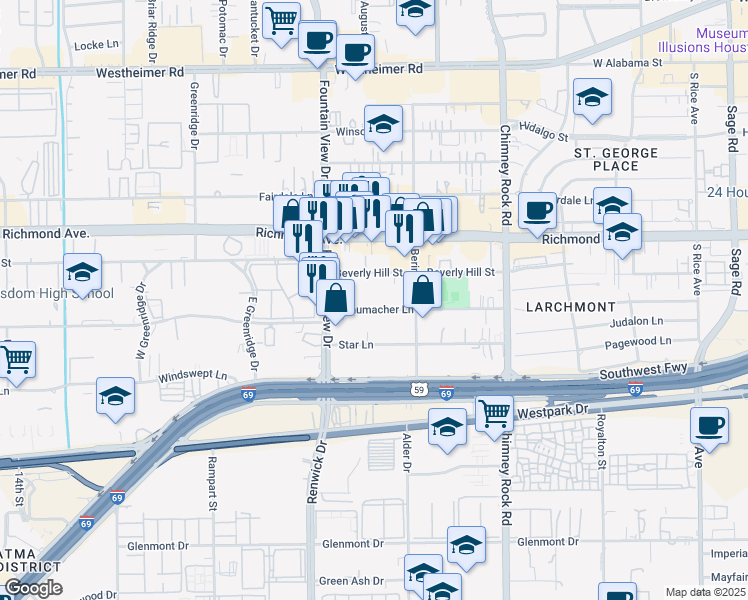 map of restaurants, bars, coffee shops, grocery stores, and more near 5905 Schumacher Lane in Houston