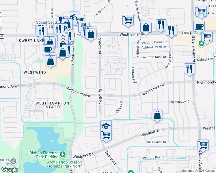 map of restaurants, bars, coffee shops, grocery stores, and more near 2915 Hollow Creek Drive in Houston