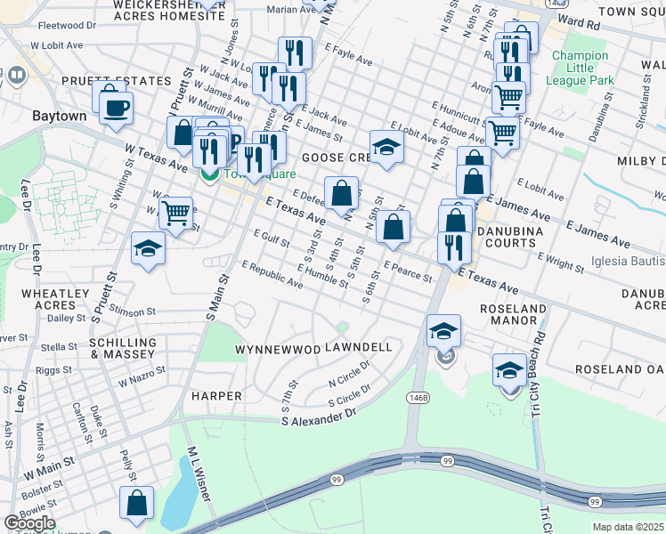 map of restaurants, bars, coffee shops, grocery stores, and more near 401 East Gulf Street in Baytown