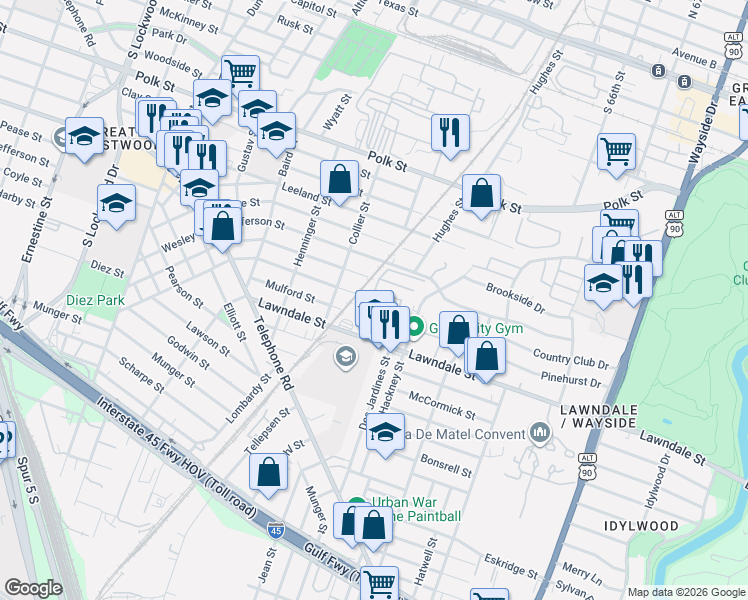 map of restaurants, bars, coffee shops, grocery stores, and more near 5415 Lawndale Street in Houston