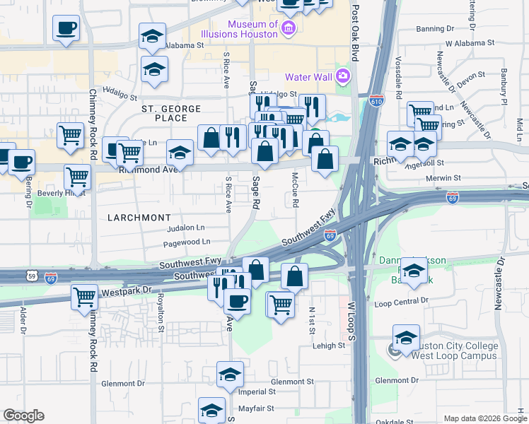 map of restaurants, bars, coffee shops, grocery stores, and more near 3525 Sage Road in Houston