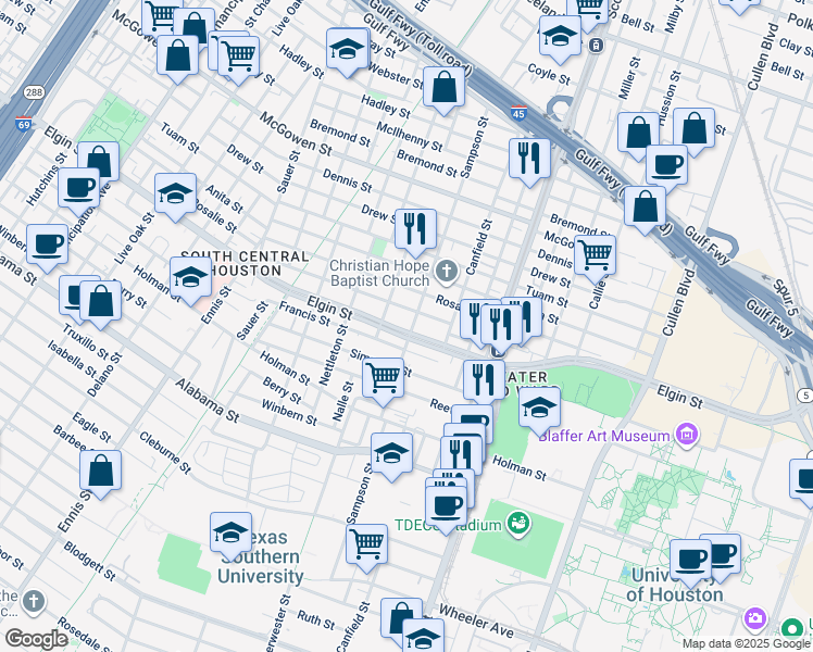 map of restaurants, bars, coffee shops, grocery stores, and more near 3313 Francis Street in Houston