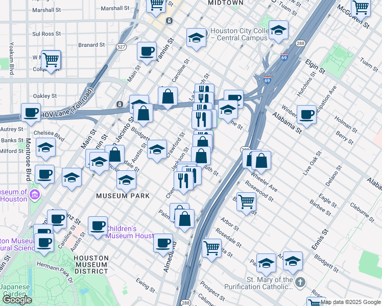 map of restaurants, bars, coffee shops, grocery stores, and more near 1721 Blodgett Street in Houston