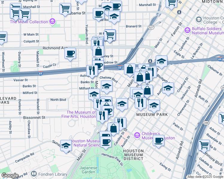 map of restaurants, bars, coffee shops, grocery stores, and more near 40 Oakdale Street in Houston