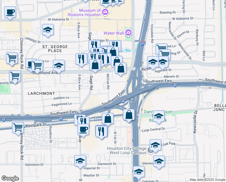map of restaurants, bars, coffee shops, grocery stores, and more near 3363 McCue Road in Houston
