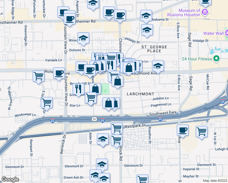 map of restaurants, bars, coffee shops, grocery stores, and more near 5625 Schumacher Lane in Houston