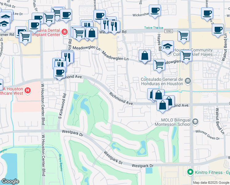 map of restaurants, bars, coffee shops, grocery stores, and more near 3031 Bonnebridge Way Boulevard in Houston