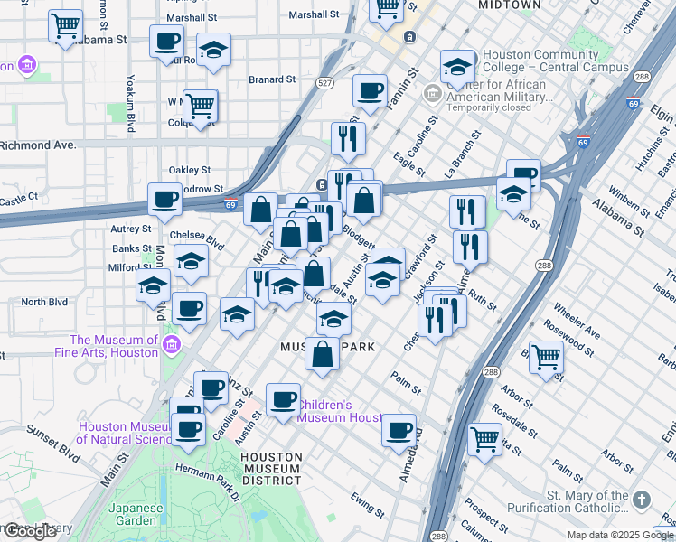 map of restaurants, bars, coffee shops, grocery stores, and more near 4819 Caroline Street in Houston