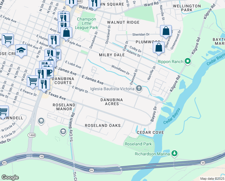 map of restaurants, bars, coffee shops, grocery stores, and more near 1800 Wright Boulevard in Baytown