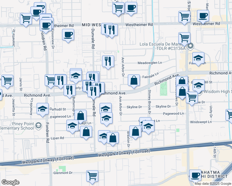 map of restaurants, bars, coffee shops, grocery stores, and more near 8165 Richmond Ave in Houston