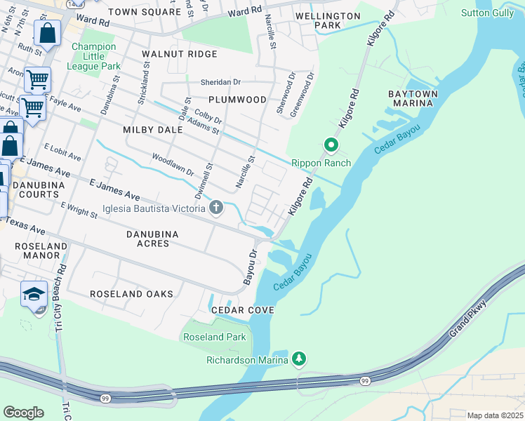 map of restaurants, bars, coffee shops, grocery stores, and more near 2500 East James Avenue in Baytown