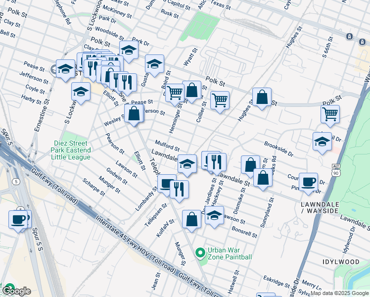 map of restaurants, bars, coffee shops, grocery stores, and more near 5221 Claremont Street in Houston