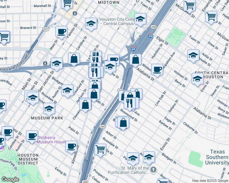 map of restaurants, bars, coffee shops, grocery stores, and more near 2011 Eagle Street in Houston
